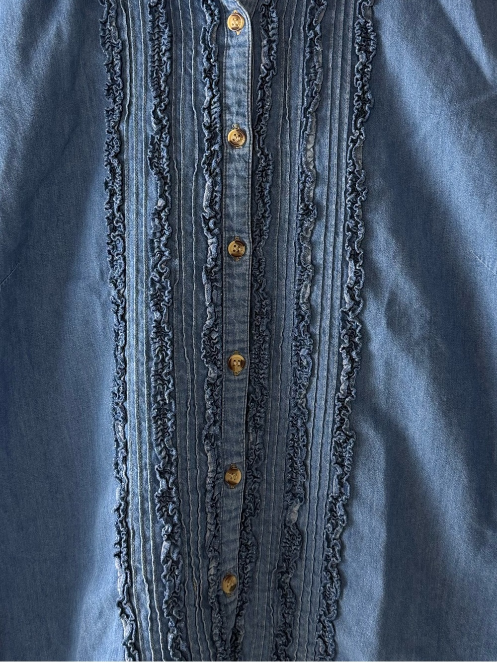 Cotton Ginny Blue Denim Ruffle Pintuck Button Front Shirt Large